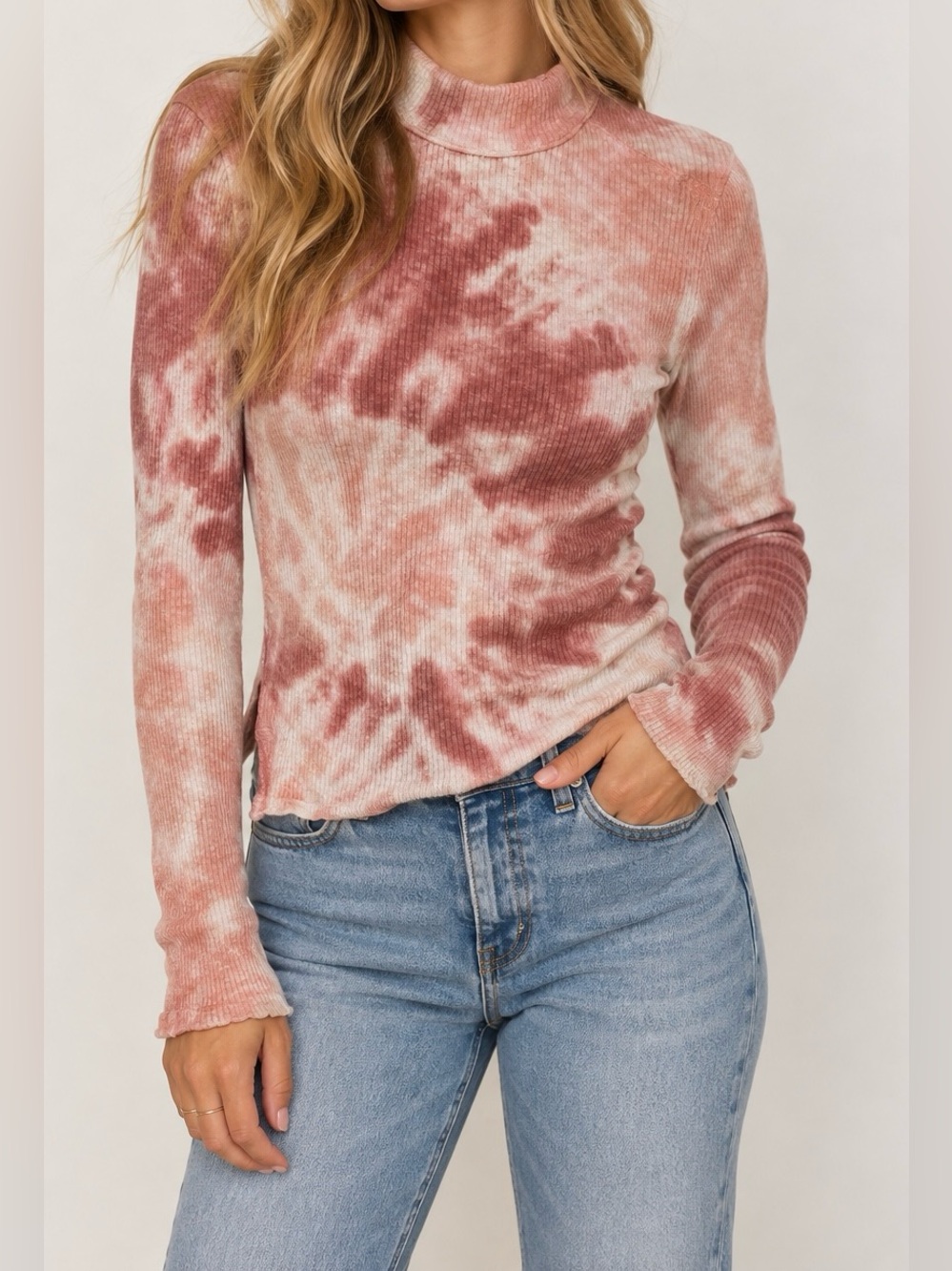 We The Free Pink Ribbed Tie-Dye Mock Neck Long Sleeve Top - Size S